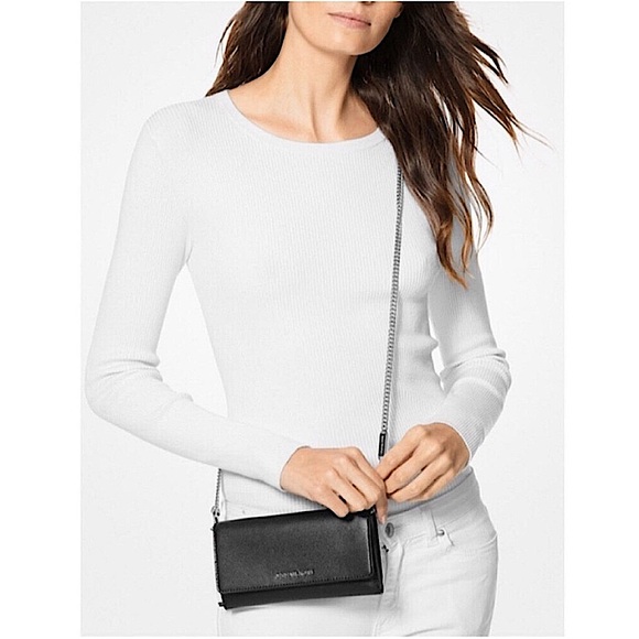 Michael Kors Leather Convertible Chain Wallet to Crossbody in Black/Pearl Grey